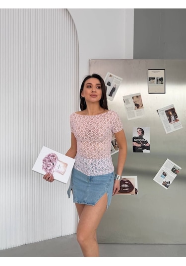 Elaxi Kadın Kayık Yaka Kısa Kollu Dantel Bluz Pembe