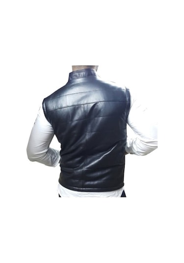 Hakiki Deri Siyah Hakim Yaka Yandan Cepli Erkek Deri Yelek Siyah