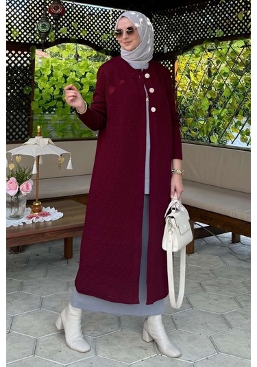 Sinem Çelik Örme Triko Hırka Bordo Çok Renkli