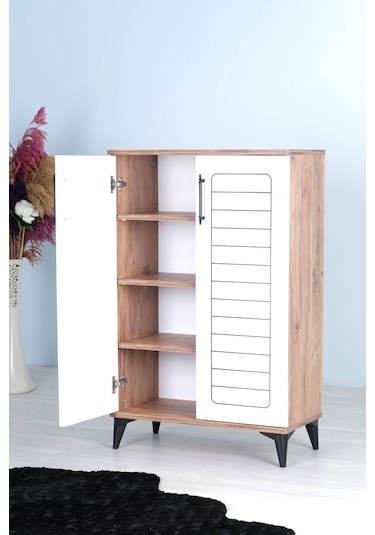 Luna 2 Kapaklı 4 Bölmeli Modern Ayakkabılık - Beyaz / Çam Desenli