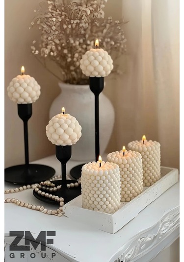 6'lı Dekoratif Sandal Ağacı Kokulu Bubble Mum Seti 3 Top Bubble 3 Silindir Bubble Beyaz
