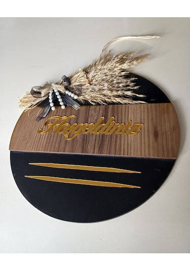 Hoşgeldiniz Yazılı Aynalı Pleksi Ahşap Dekoratif Dış Kapı Süsü Kahverengi