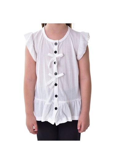 Fırfır Kollu Düğmeli Fiyonk Detaylı Kız Çocuk Alt-üst Takım Beyaz