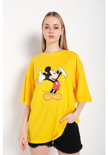 Kadın Sarı Kollar Açık Micky Oversize Tshirt Sari