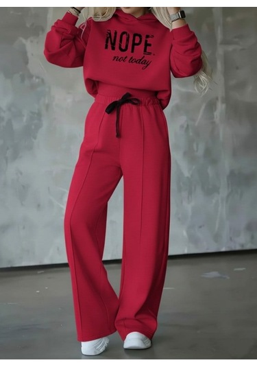 Tua Moda Kadın Uzun Kollu Nope Baskılı Beli Ribanalı Ikili Takım Kırmızı