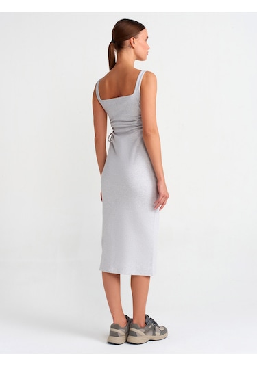 Dilvin Pencere Detaylı Uzun Elbise Gri Melanj