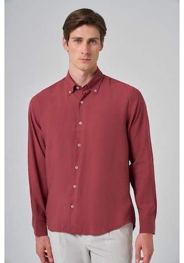 Morven Erkek Bordo Trend Düz Desen Dynamic Fit Düğmeli Yaka Gömlek 25ms004030750 Bordo Bordo