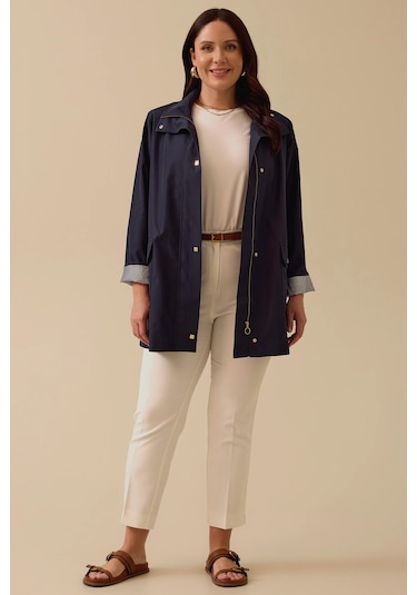 Kadın Büyük Beden Şerit Astarlı Cepli Trençkot - Lacivert Lacivert