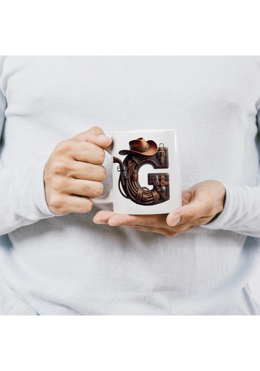 G Harfi Kovboy Temalı Bardak 330 Ml İsim / Harf Kişiye Özel Hediye - Vahşi Batı Konsept Beyaz