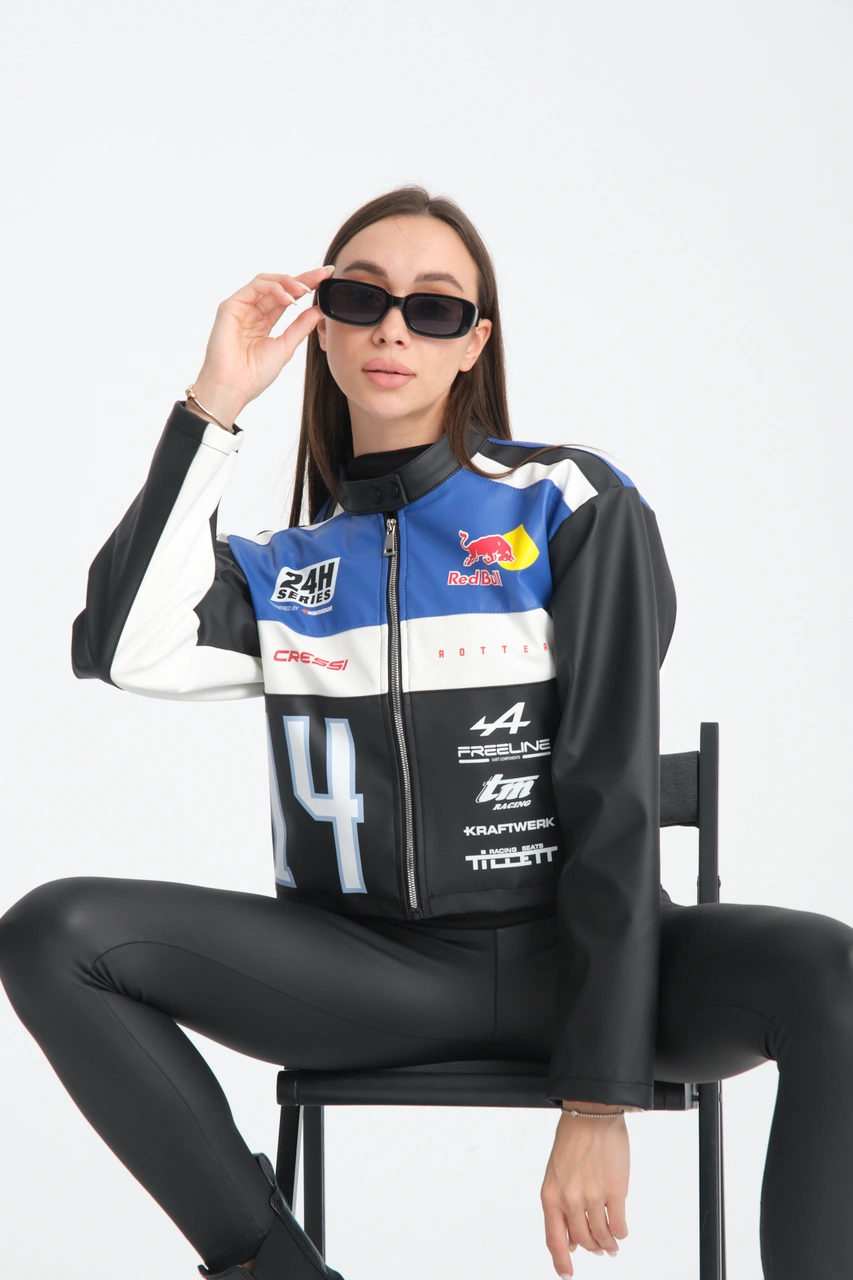 Kadın Oversize Baskılı Deri Şeritli Motorcu Montu Garnili Fermuarlı Yarışçı Ceketi Bomber Kolej Mont Mavi