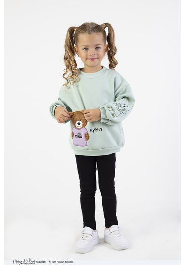 Kız Çocuk Orta Kalınlıkta Baskılı Örme Basic Taytlı Alt Üst Takımı Yeşil