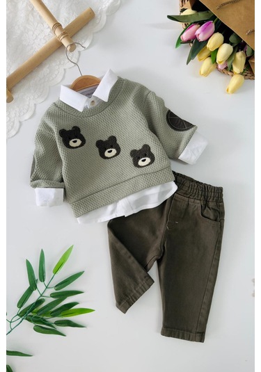 Miniğimin Cicileri Ayıcık Nakışlı Örgü Sweatshirt Ve Pantolon... Yeşil