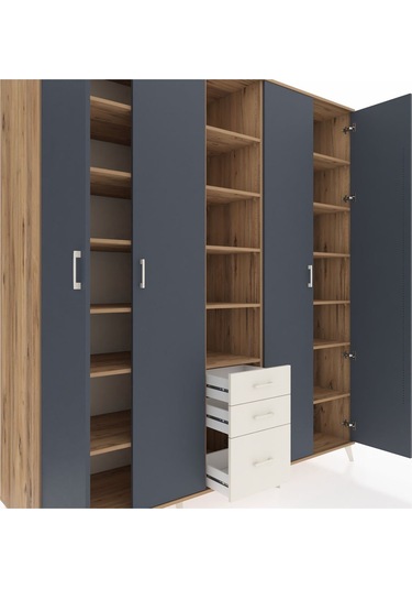 Kronos Dolap 17 Raflı 3 Çekmeceli 4 Kapaklı 220x59x243 Çam-antrasit/aytaşı Antrasıt/aytası