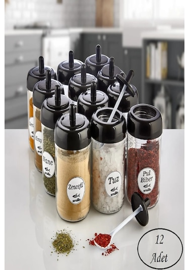 12 Adet Kapağı Kendinden Kaşıklı Cam Baharatlık Seti 300 Ml ŞEffaf