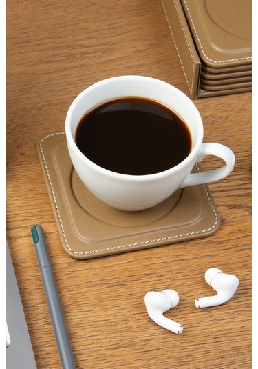 Bardak Altlığı,6 Lı Set,masaüstü Yuvarlak Cup Coaster,vegan Suni Deri,11x11 Cm.,vizon Vizon