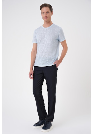 Comfort Fit Bisiklet Yaka Viskon Karışımlı Casual Mavi Tişört Ts 902 Mavi