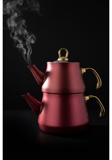 Yunusoğlu Home Granit Kaplama Gold Kulplu Cam Kapak Çaydanlık Bordo Bordo-gold