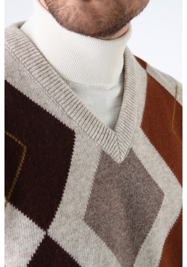 Ferraro A.Bej Baklava Desenli V Yaka %100 Kuzu Yünü Erkek Süveter