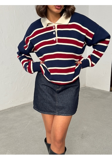 Kadın Polo Yaka Çizgili Triko Kazak Lacivert