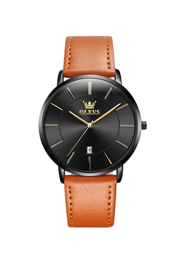 Olevs 5869 Erkekler İş Su Geçirmez Hakiki Deri Kayış Kuvars Saat Siyah + Kahverengi