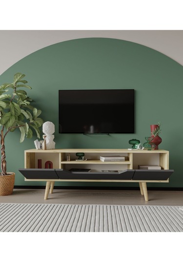 Roma Ahşap Ayaklı Tv Ünitesi Tv Sehpası Safir Meşe - Antrasit 150 Cm