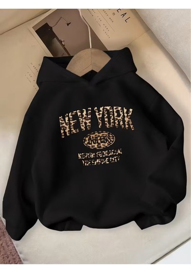 Kışlık Kapüşonlu Sweatshirt, Çocuk Leopar New York SiYAH