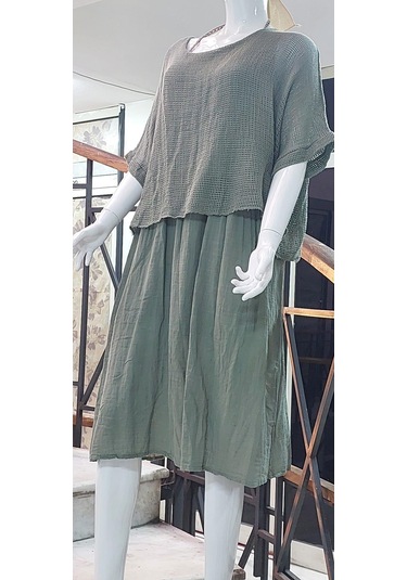 İtalyan Müslin Keteni Üstü File Bluzlu Astarlı Tek Parça Elbise Haki