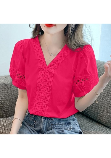 Vonda Kadın Yazlık Rahat V Yaka Puf Kısa Kollu Dantel Eklemeli Düz Renk Bol Bluz Gül