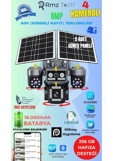 Rmztech Ztech Z7 Plus 4 Kameralı 8mp E-sim Çift Solar Panel 4g Aov Ptz Kamera Gece Renkli Görüş Hieasy