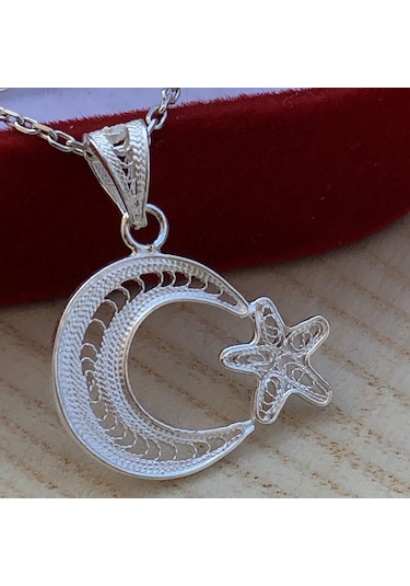 Doğan Silver 925 Ayar Gümüş Telkari El Işi Ay Yıldız Model Kolye