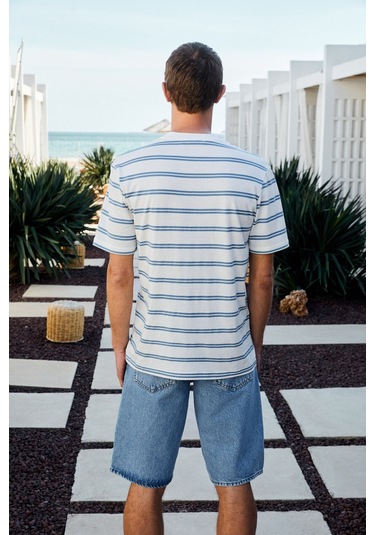 WOODY Erkek %100 Pamuk Nakış Detaylı Bisiklet Yaka Çizgili Regular Fit Beyaz-Mavi Çizgili T-Shirt