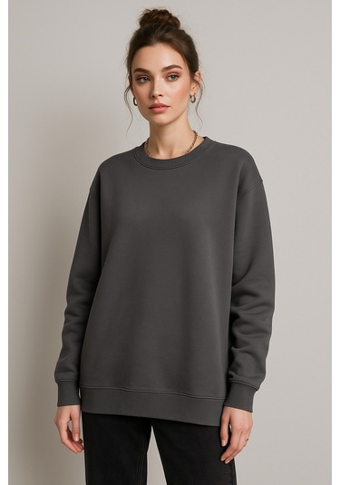 Kadın Füme Bisiklet Yaka Oversize Sweatshirt Füme