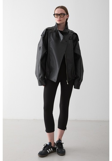 Siyah Dik Yaka Dokulu Deri Ceket - 509251 Siyah