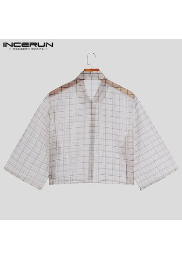 İncerun Yaz Erkek See Through Bol Kısa Kollu Ekose Gömlek Beyaz