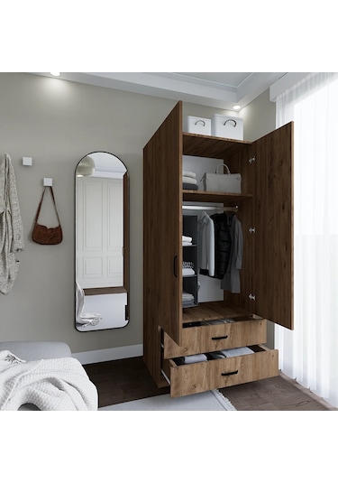 80 Cm Atlantik Çam 2 Kapaklı 2 Çekmeceli Elbise Dolabı - Gardırop Çam