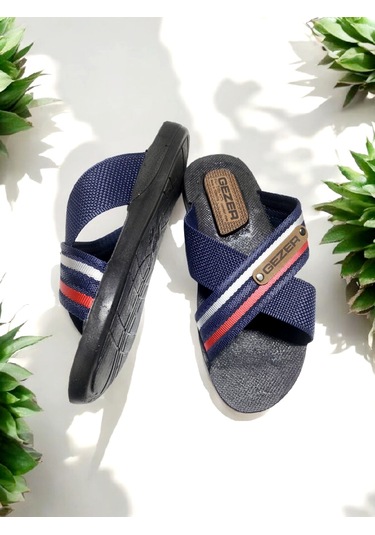 Gezer Erkek Çapraz Bant Rahat Taban Ev Ve Dışarı Terliği Lacivert - Kırmızı - Beyaz