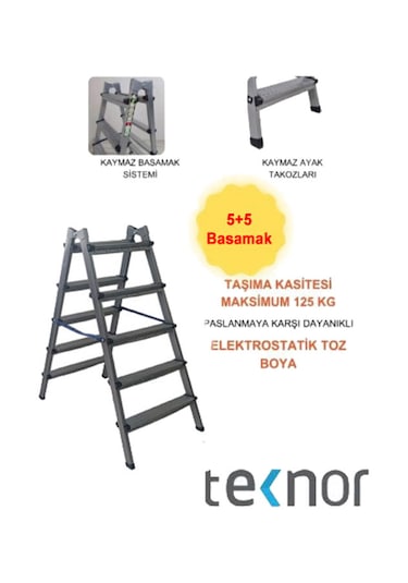 Çift Taraflı Dayanıklı 5+5 Metal Basamaklı Merdiven