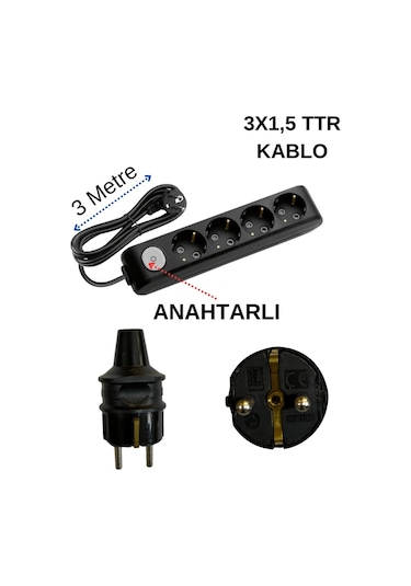 Avarson 4'lü Dörtlü Priz Topraklı Anahtarlı Kablolu Siyah 3x1,5 Ttr 3 Üç Metre