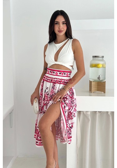 İthal Krep Kumaş Desenli Etek Pembe Mavi