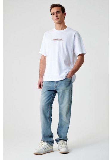 BOLETUS Erkek Baskı Detaylı %100 Organik Pamuk Oversize Bisiklet Yaka Kısa Kol Beyaz T-Shirt