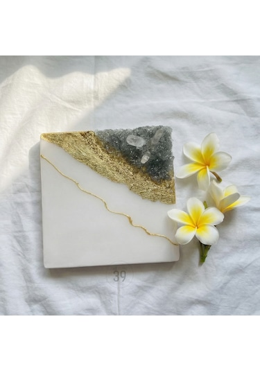 Geode Bianco Kuvars Taşlı Modern Epoksi Duvar Tablosu Enerjisel & Dekoratif Sanat 20x20 Cm