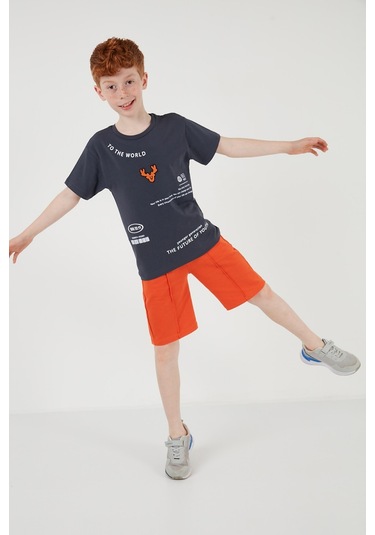 Lela Pamuklu Baskılı Bisiklet Yaka Kısa Kollu Şortlu Erkek Çocuk Takım 6212010 Füme