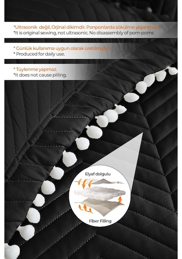 Evlen Home Ponponlu %100 Pamuk Tek Kişilik Günlük Yatak Örtüsü Pike Takımı Seti Siyah