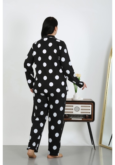 Akbeniz Kadın Büyük Beden Pamuklu Cepli Düğmeli Siyah Pijama Takım 202504 Siyah