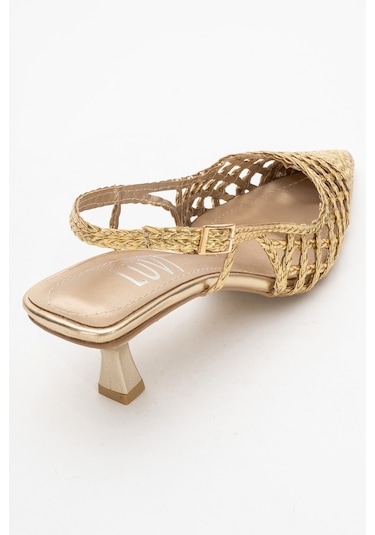 Luvishoes Luvi Shoes Heaven Altın Örme Arkası Açık Kadın Kısa Topuklu Ayakkabı Altın