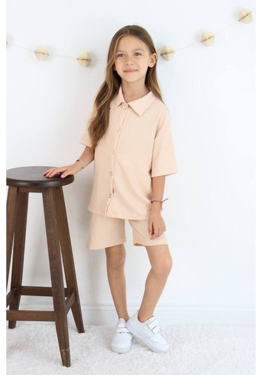 Gömlek Oversize Kız Şort Takım Bej