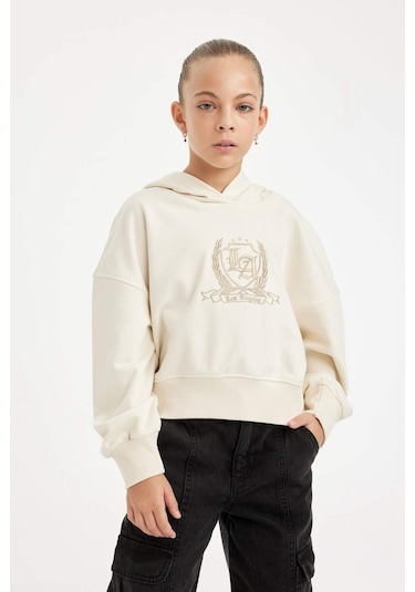 DeFacto Kız Çocuk Ekru Oversize Geniş Kalıp Kapüşonlu İşlemeli Kalın Sweatshirt D2885A824WNER233