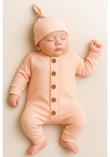 Mevsimlik %100 Pamuk Bereli Bebek Tulum Takım - Yeni Sezon Unisex Turuncu-somon