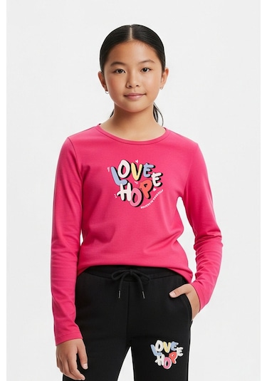 Yuvarlak Yaka Love Baskılı Kız Çocuk Alt-üst Takım Fuşya