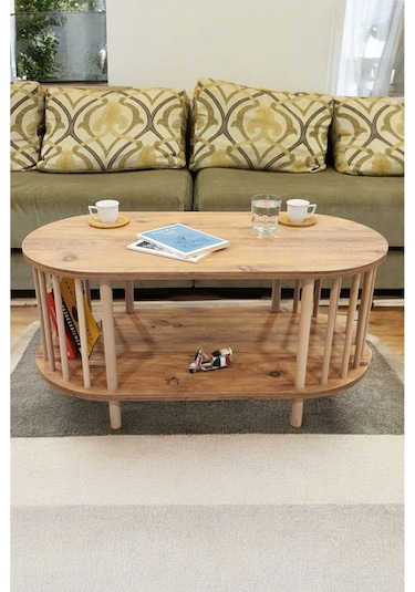 Orta Sehpa Ahşap Ayaklı Sehpa İki Raflı Sehpa Dekoratif Sehpa Gazetelikli Çam